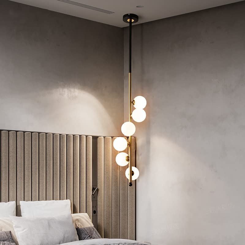 Modern Vertical Globe Pendant Light – Black & Gold Rod with Frosted Glass Spheres