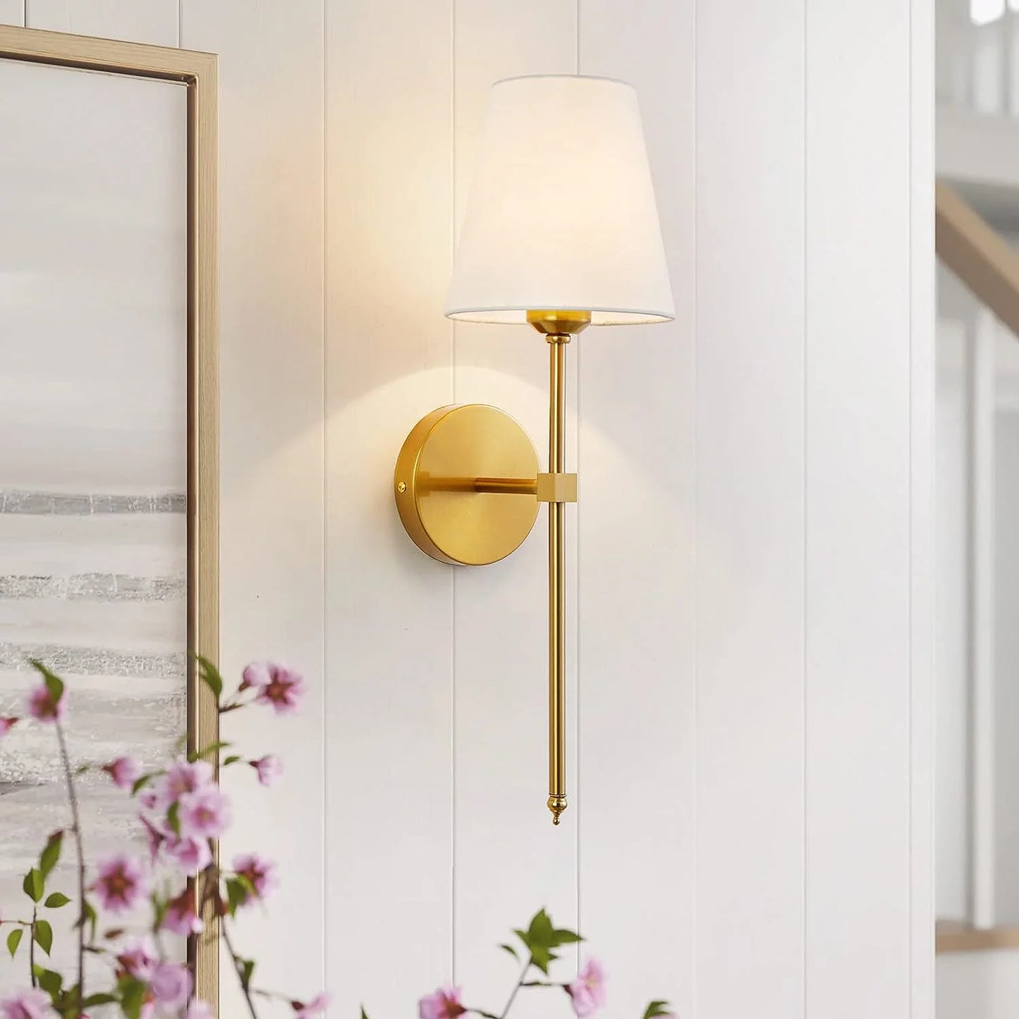Antique Gold Long Fabric Shade Metal Wall Light