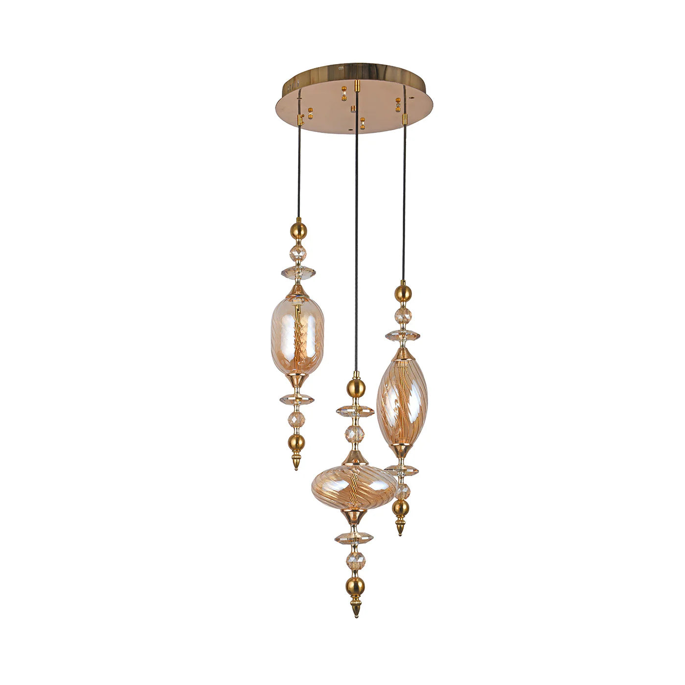 Baroque Crystal Trio – Ornate Amber Glass Chandelier