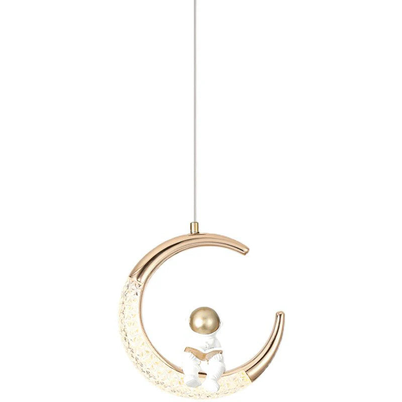 Astronaut Sitting on Illuminated Crescent Moon Pendant Light – Gold & White