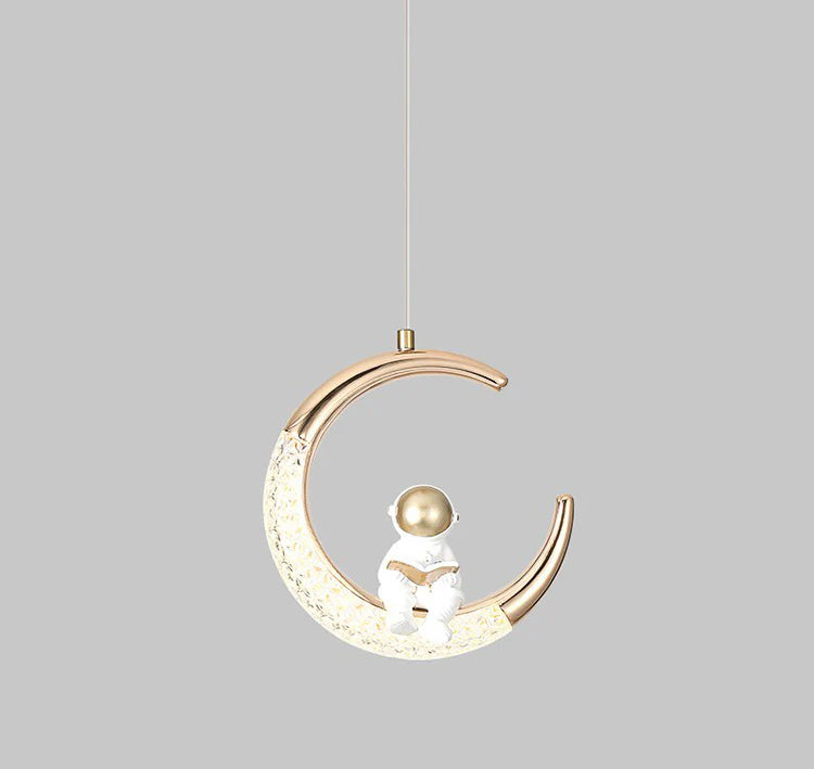 Astronaut Sitting on Illuminated Crescent Moon Pendant Light – Gold & White