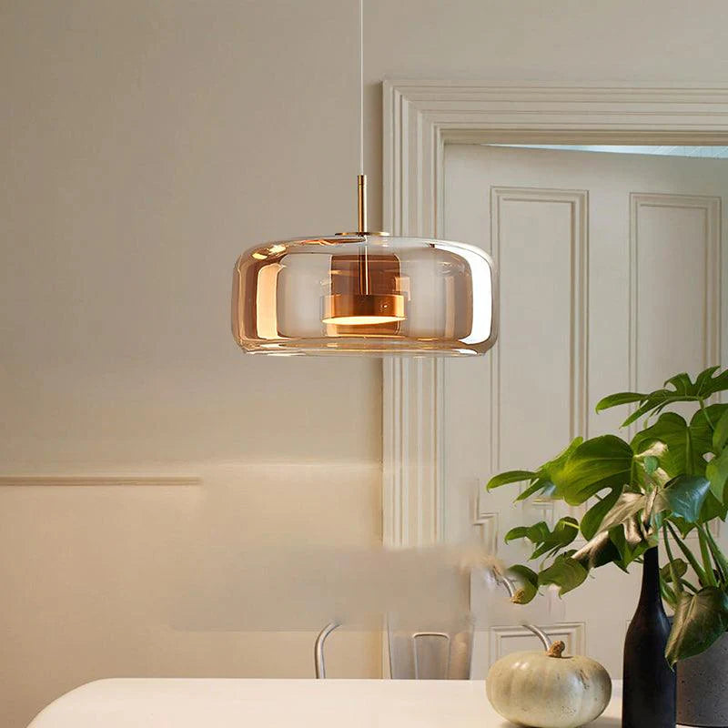 Modern Amber Glass Pendant Light – Gold Finish Hanging Lamp for Dining & Living Room