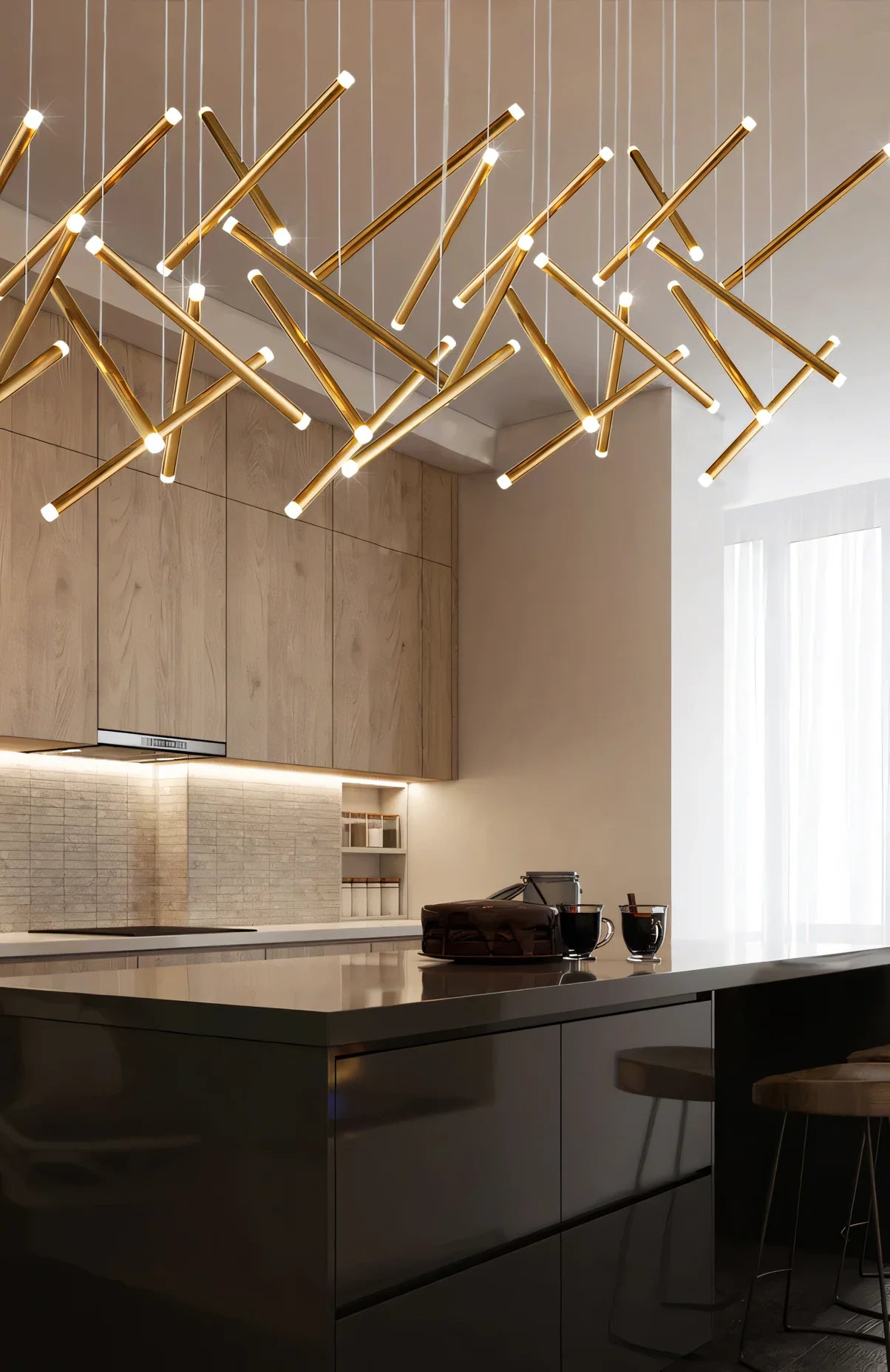 LED Golden Stick Tilted Long Chandelier