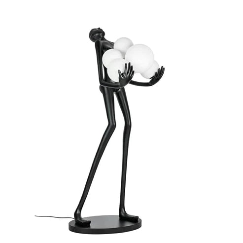 BLACK LADY STATUE HOLDING LIGHT GLOBES FLOOR LAMP