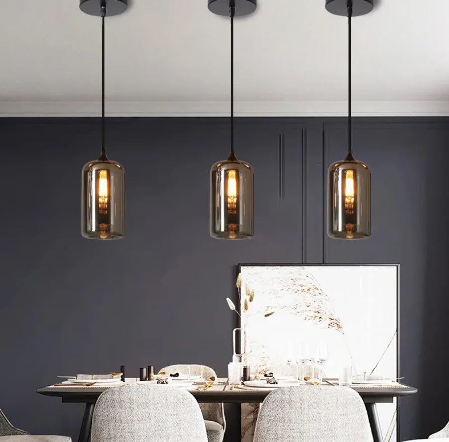 Modern Smokey Glass Cylinder Pendant Light
