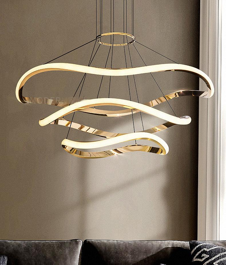Modern 3-Ring Gold Body Wave LED Chandelier – Warm White Fancy Light