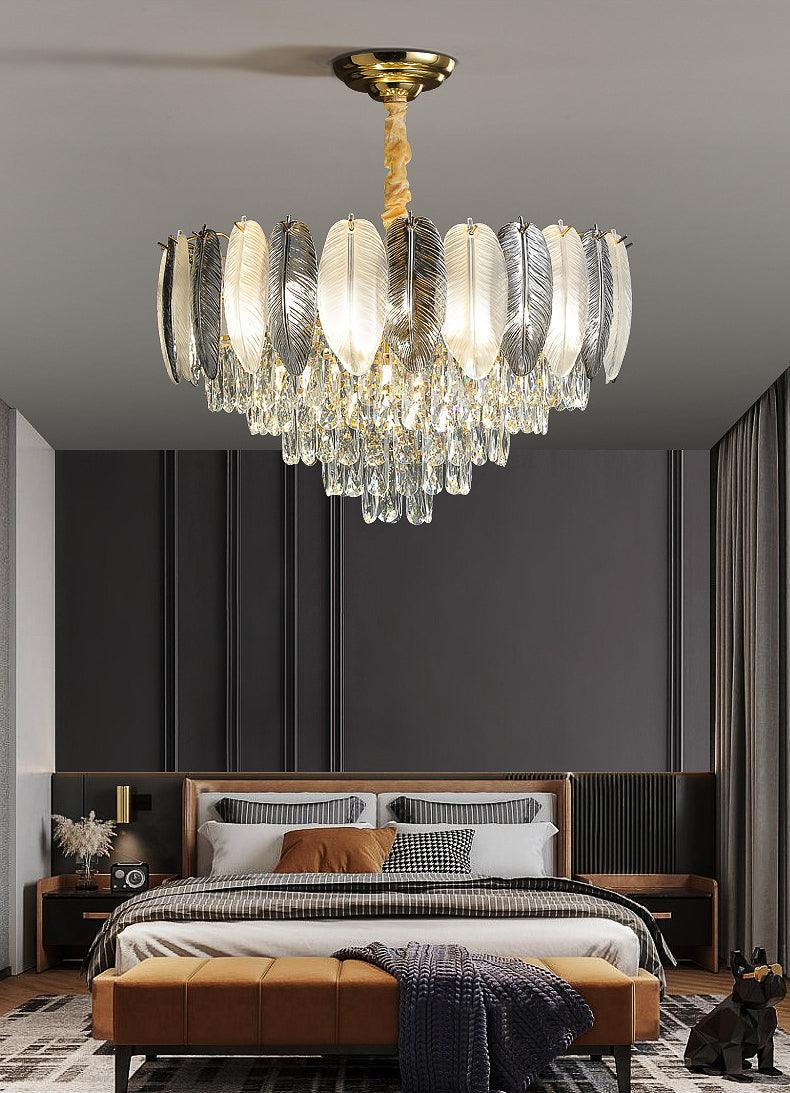 Luxury 600MM Feather Glass Crystal LED Chandelier – Gold Metal Body (Warm White)