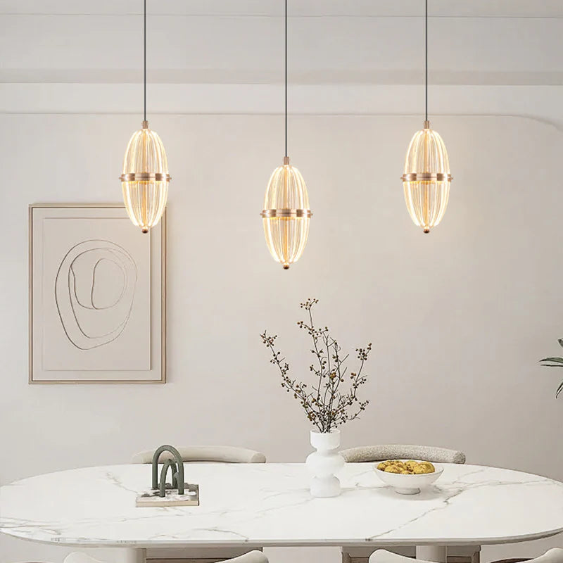 Modern Ribbed Glass Capsule Pendant Light – Gold Finish Hanging Lamp