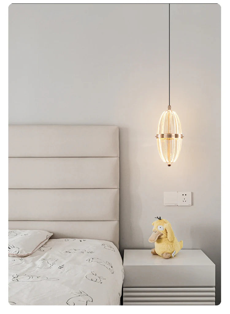 Modern Ribbed Glass Capsule Pendant Light – Gold Finish Hanging Lamp
