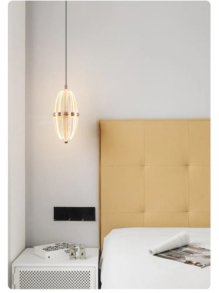 Modern Ribbed Glass Capsule Pendant Light – Gold Finish Hanging Lamp