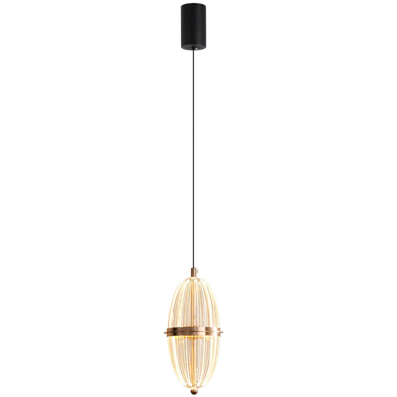 Modern Ribbed Glass Capsule Pendant Light – Gold Finish Hanging Lamp