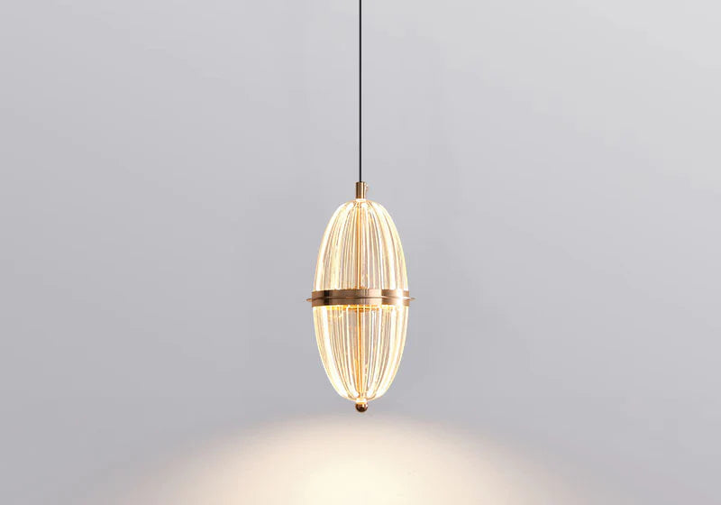Modern Ribbed Glass Capsule Pendant Light – Gold Finish Hanging Lamp