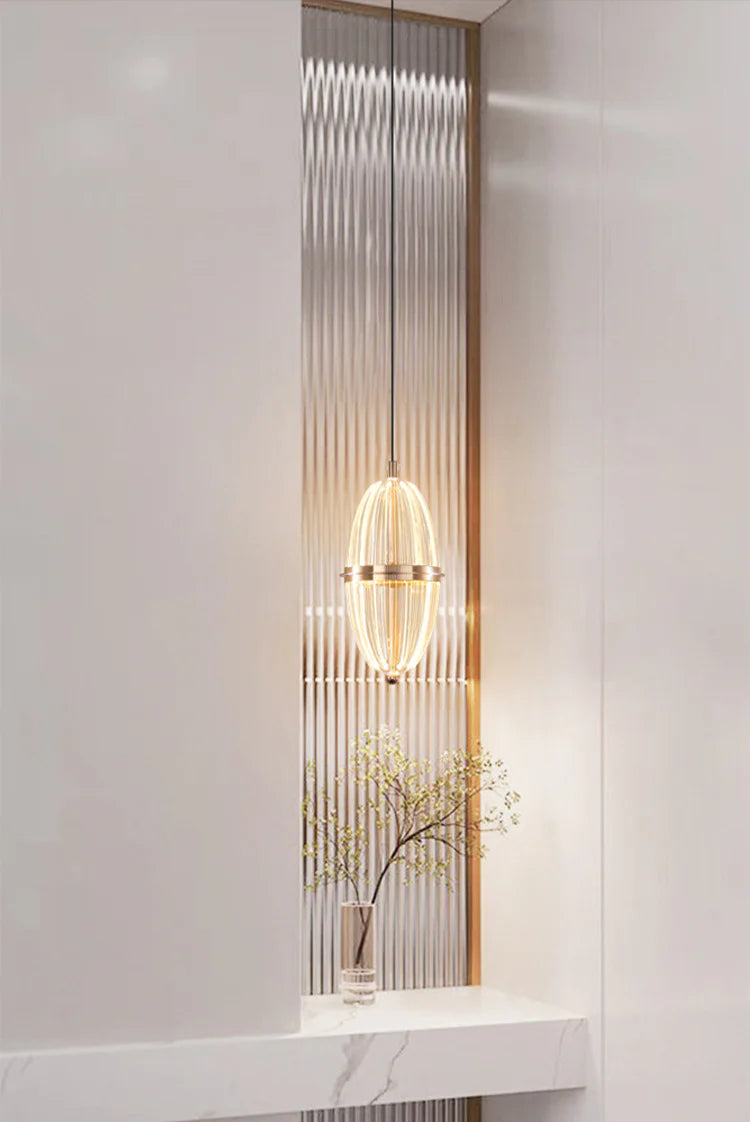 Modern Ribbed Glass Capsule Pendant Light – Gold Finish Hanging Lamp
