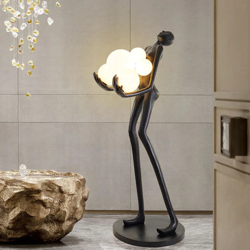 BLACK LADY STATUE HOLDING LIGHT GLOBES FLOOR LAMP