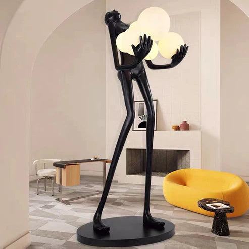 BLACK LADY STATUE HOLDING LIGHT GLOBES FLOOR LAMP