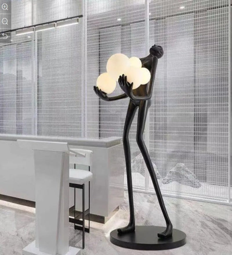 BLACK LADY STATUE HOLDING LIGHT GLOBES FLOOR LAMP