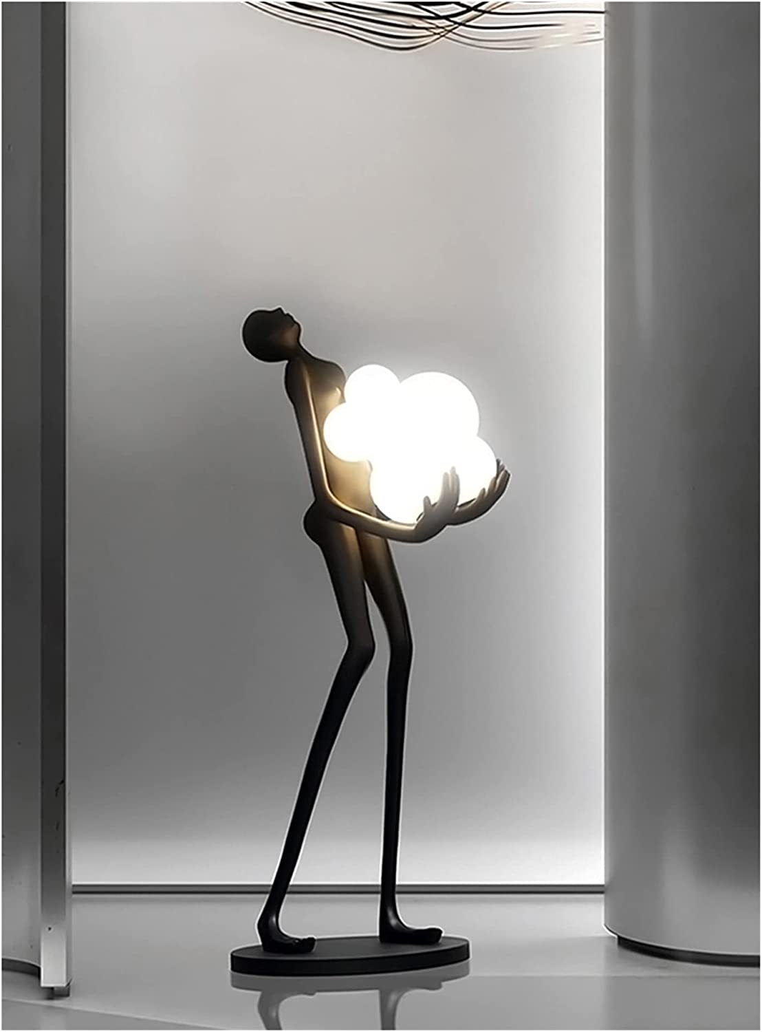 BLACK LADY STATUE HOLDING LIGHT GLOBES FLOOR LAMP