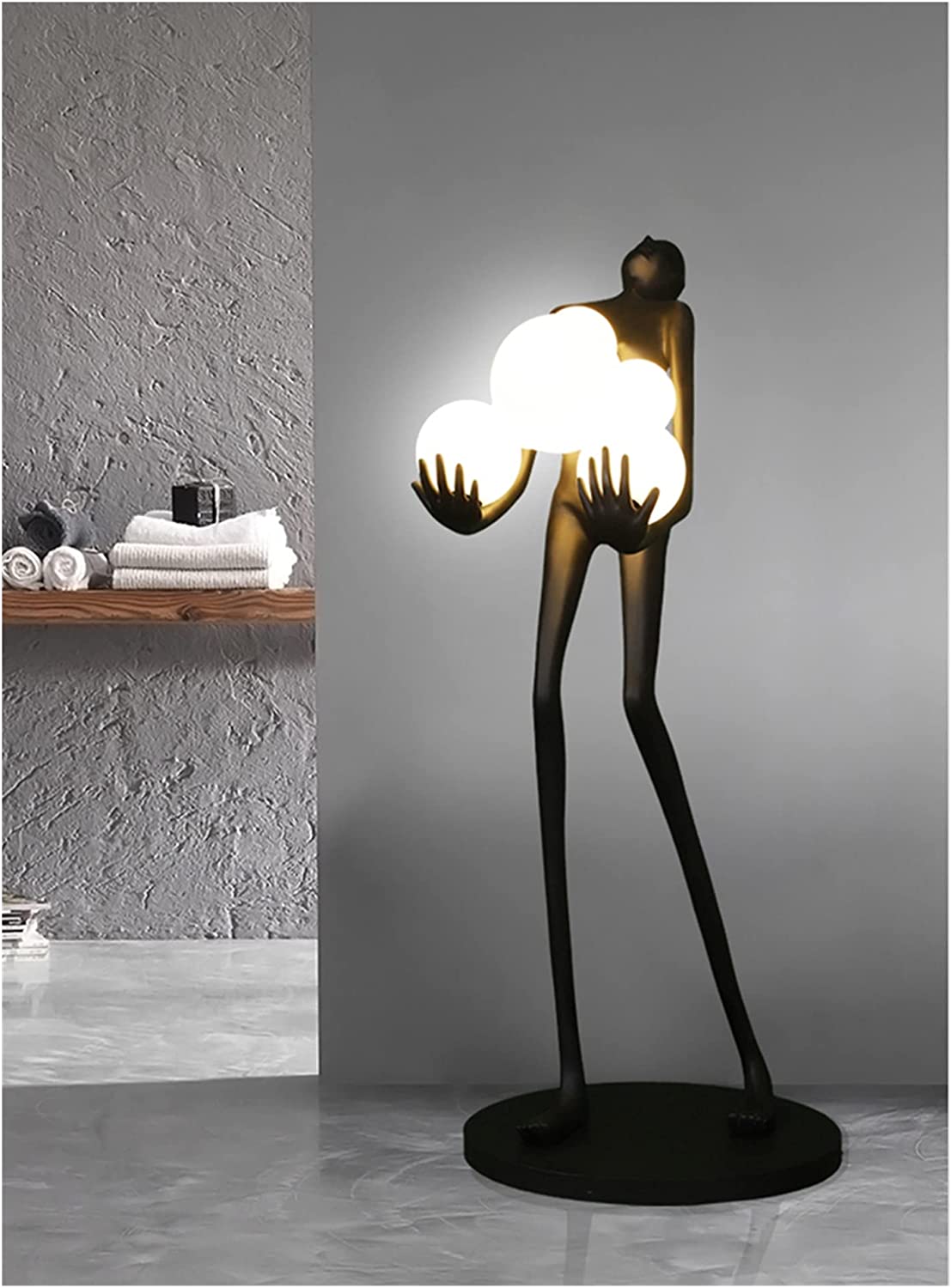 BLACK LADY STATUE HOLDING LIGHT GLOBES FLOOR LAMP