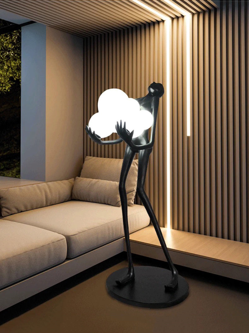 BLACK LADY STATUE HOLDING LIGHT GLOBES FLOOR LAMP