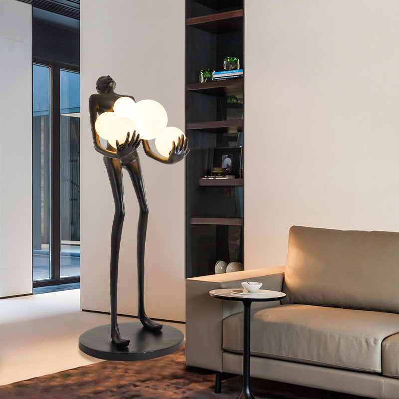 BLACK LADY STATUE HOLDING LIGHT GLOBES FLOOR LAMP