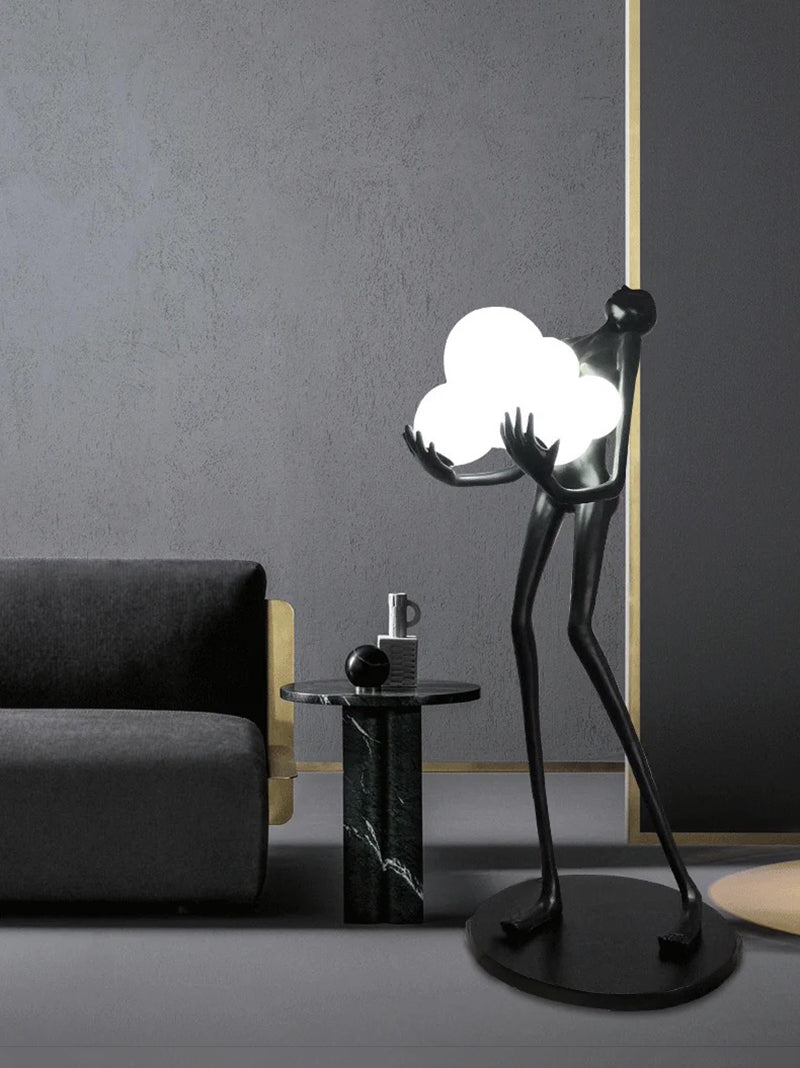 BLACK LADY STATUE HOLDING LIGHT GLOBES FLOOR LAMP