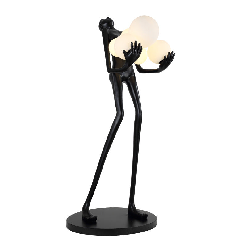 BLACK LADY STATUE HOLDING LIGHT GLOBES FLOOR LAMP