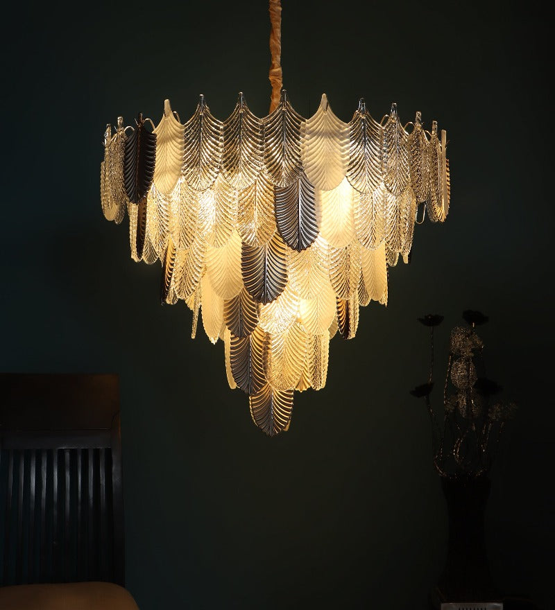 ORREN WHITE & GOLD GLASS CHANDELIER LARGE