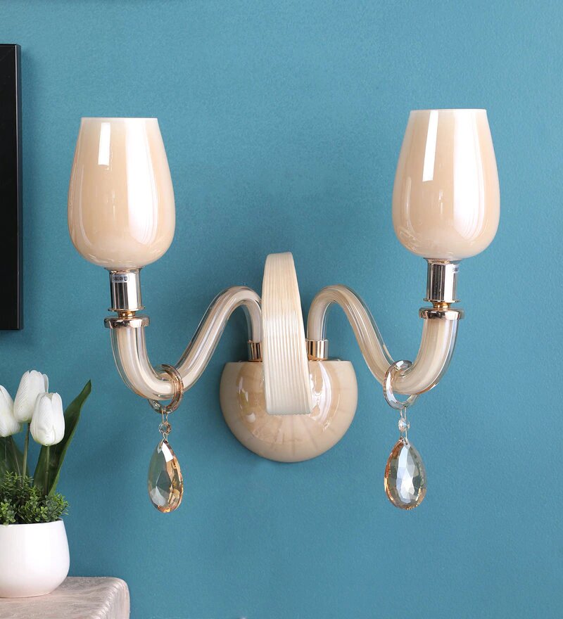 Gracil Beige Glass and Crystal Wall Light - 2 Lights - Stello Light Studio