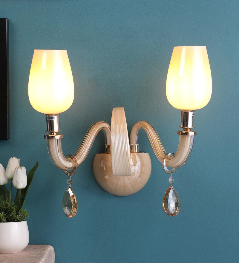 Gracil Beige Glass and Crystal Wall Light - 2 Lights - Stello Light Studio