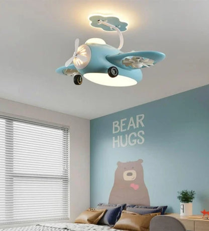 Blue AeroPlay Kids' Chandelier Fan – Modern Aircraft Ceiling Light with LED