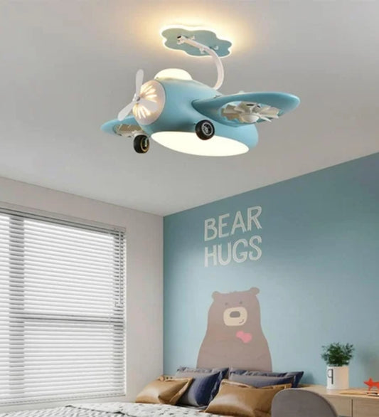 Blue AeroPlay Kids' Chandelier Fan – Modern Aircraft Ceiling Light with LED