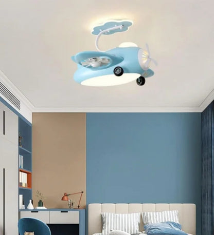 Blue AeroPlay Kids' Chandelier Fan – Modern Aircraft Ceiling Light with LED