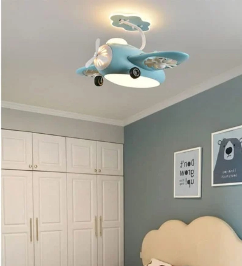 Blue AeroPlay Kids' Chandelier Fan – Modern Aircraft Ceiling Light with LED