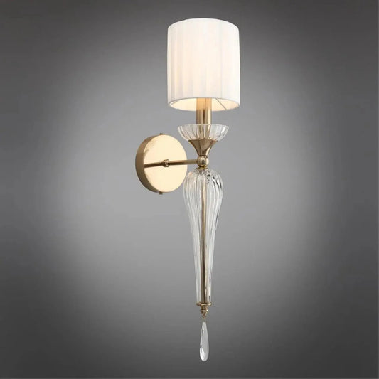 Luxury Crystal Wall Sconce with Fabric Shade – Classic Gold Wall Light