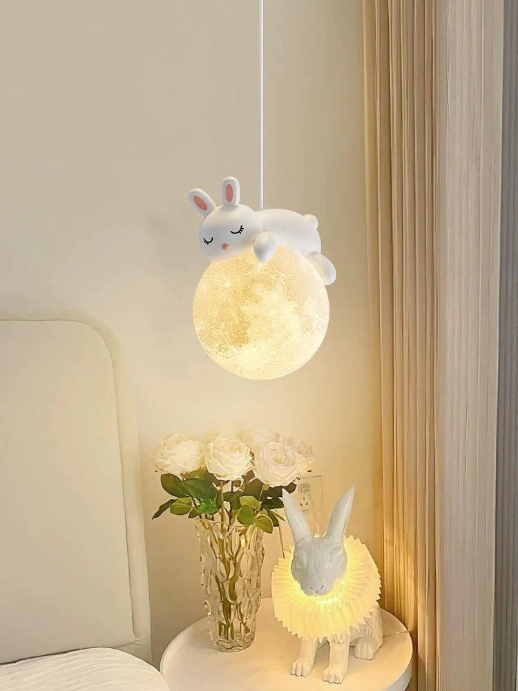 Cute Bunny Moon Pendant Light – Soft Warm LED Night Lamp for Kids Room & Bedroom
