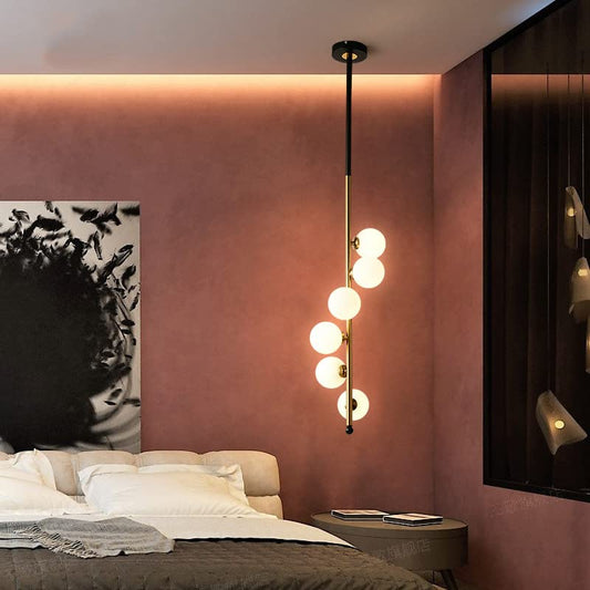 Modern Vertical Globe Pendant Light – Black & Gold Rod with Frosted Glass Spheres
