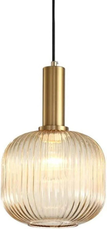 Modern Ribbed Glass Pendant Light with Gold Finish – Bedside Hanging Lamp