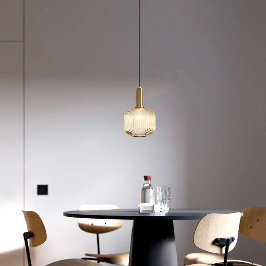 Modern Ribbed Glass Pendant Light with Gold Finish – Bedside Hanging Lamp