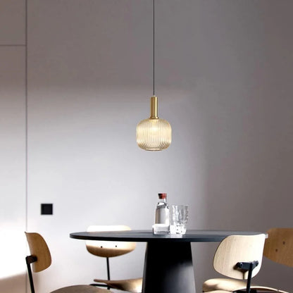 Modern Ribbed Glass Pendant Light with Gold Finish – Bedside Hanging Lamp