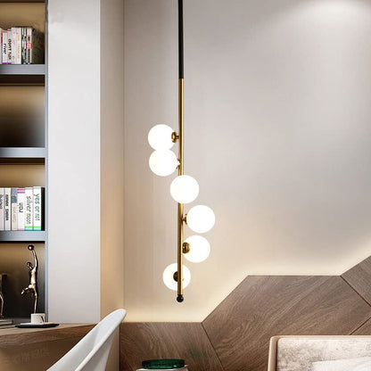 Modern Vertical Globe Pendant Light – Black & Gold Rod with Frosted Glass Spheres