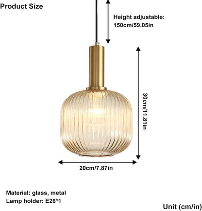 Modern Ribbed Glass Pendant Light with Gold Finish – Bedside Hanging Lamp