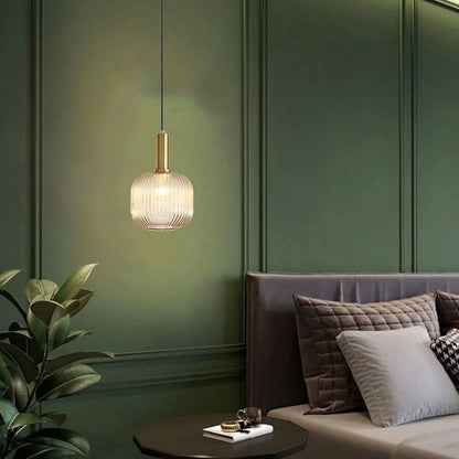 Modern Ribbed Glass Pendant Light with Gold Finish – Bedside Hanging Lamp