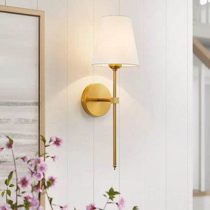 Antique Gold Long Fabric Shade Metal Wall Light