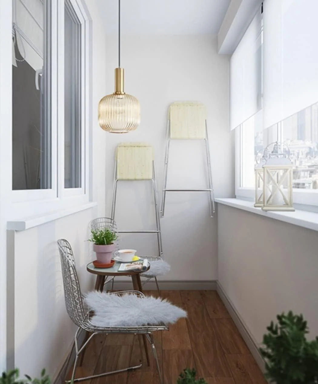 Modern Ribbed Glass Pendant Light with Gold Finish – Bedside Hanging Lamp