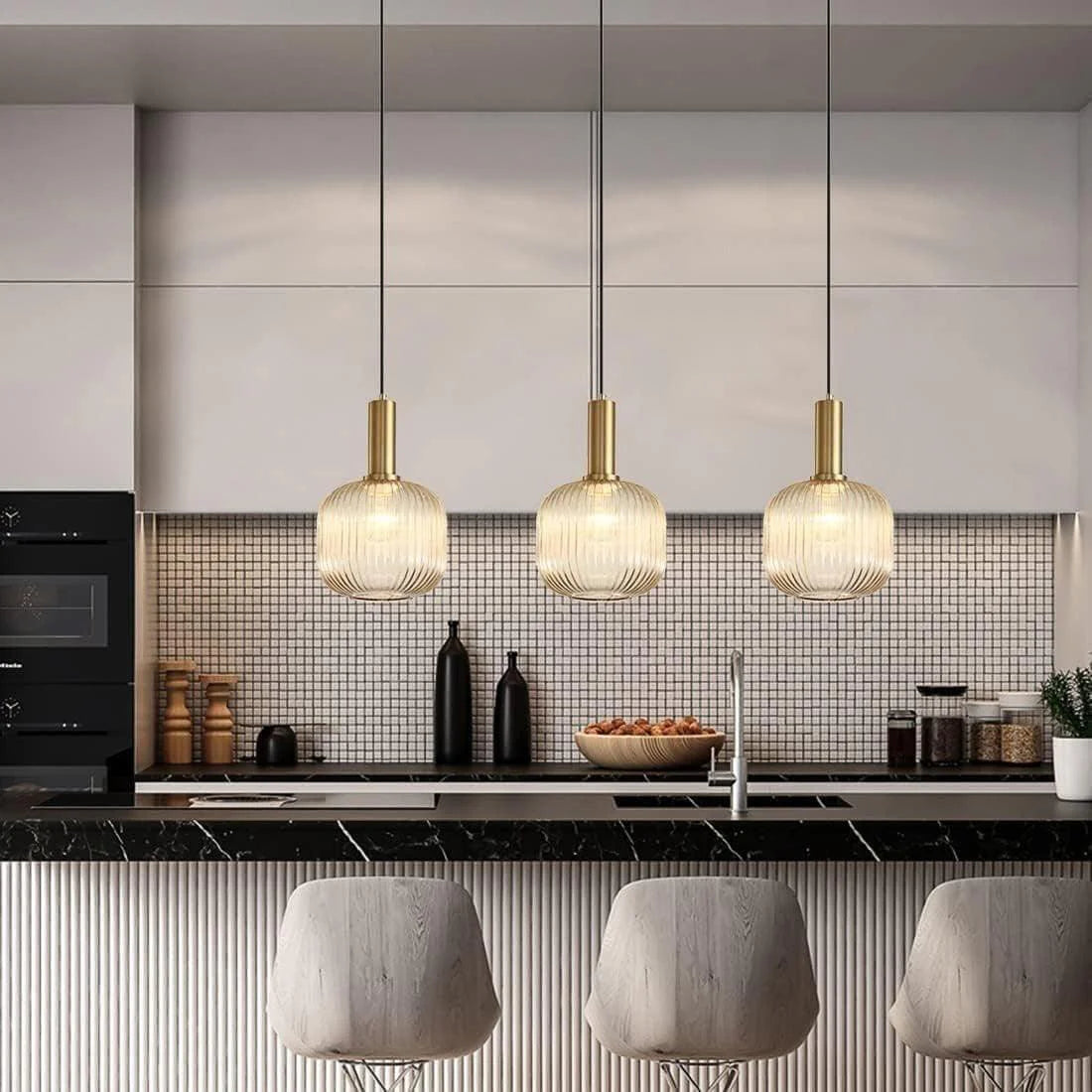 Modern Ribbed Glass Pendant Light with Gold Finish – Bedside Hanging Lamp