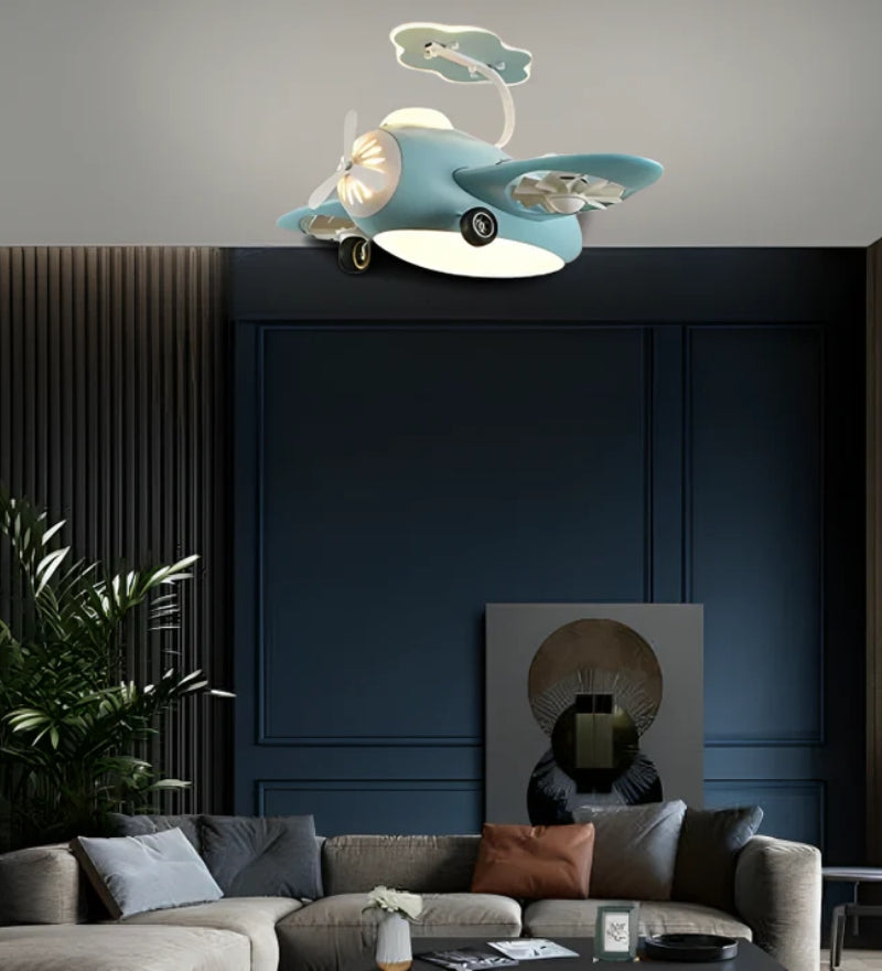 Blue AeroPlay Kids' Chandelier Fan – Modern Aircraft Ceiling Light with LED