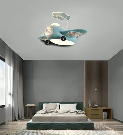 Blue AeroPlay Kids' Chandelier Fan – Modern Aircraft Ceiling Light with LED