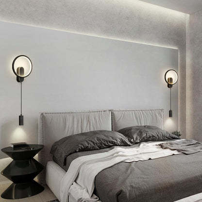 Modern Circle LED Wall Light with Downlight – Black & Gold Finish