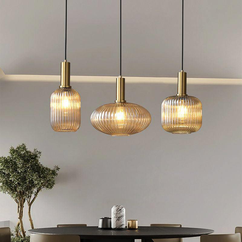 Amber Ribbed Glass Pendant Lights – Set of 3 Hanging Lamps with Gold Accents