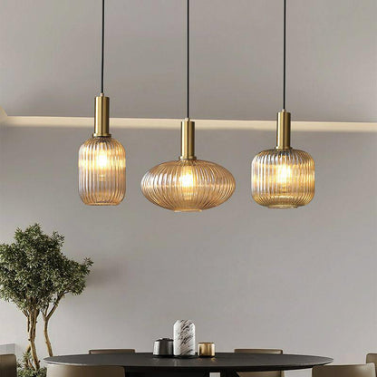 Amber Ribbed Glass Pendant Lights – Set of 3 Hanging Lamps with Gold Accents